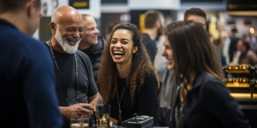 Close up picture of a happy and laughing staff or participant people group listening to a startup business owner at a trade show exhibition event. Generative AI.